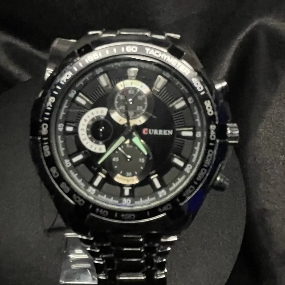 CURREN Men’s Sport Quartz Chronograph Tachymeter Black Dial 50mm SS Bracelet